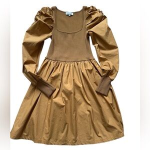 En Saison Romantic, Brown/Tan, Square Neck, Balloon Sleeve MINI  Medium Dress